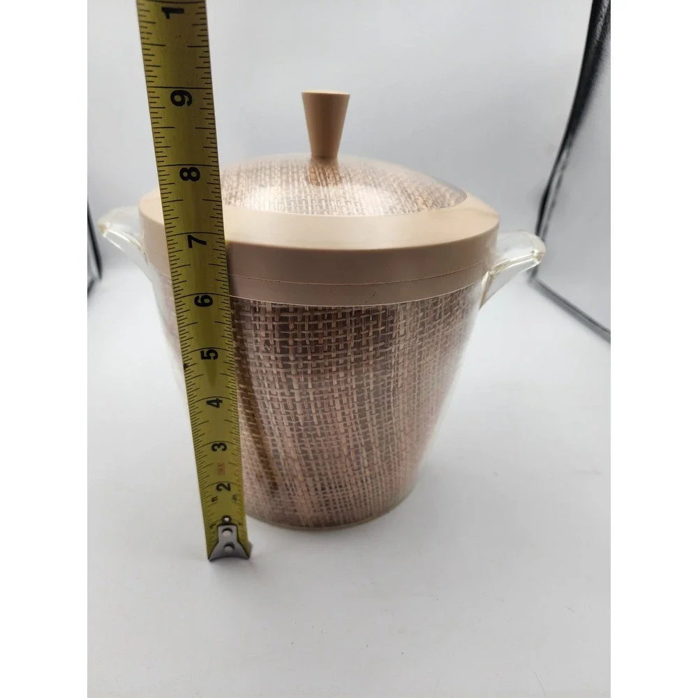 Vintage Mid Century Modern Insulated Ice Bucket Burlap Woven‎ Texture Tan Lid